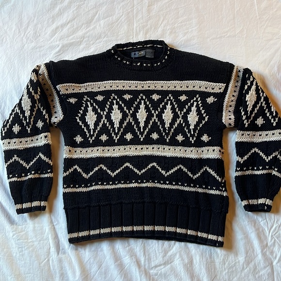 Liz Wear Sweaters - Vintage Hand Knit Lizwear Sweater Cotton Black Tan Small Medium